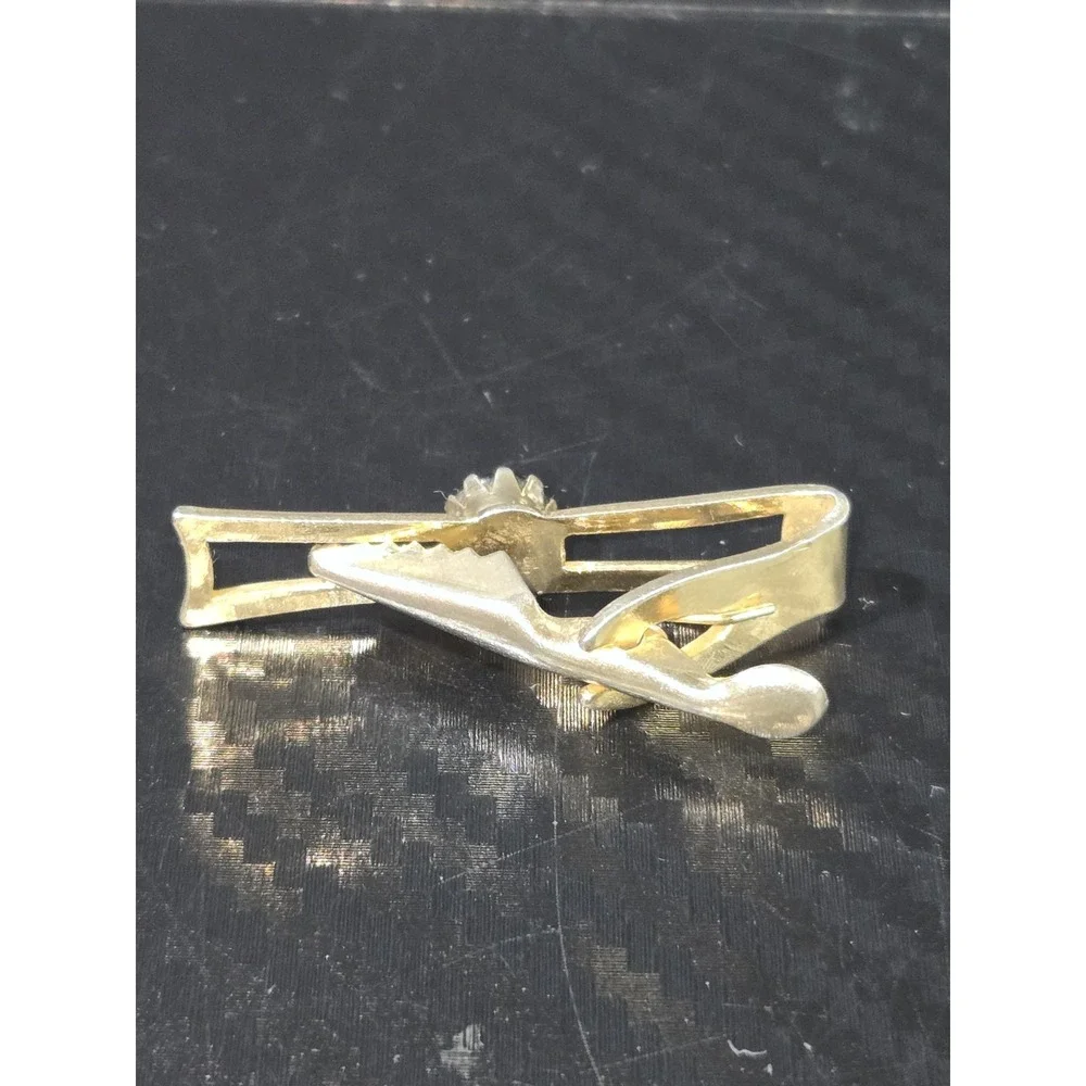 Gold Tone W/ Clear Glass Stone Tie Clip